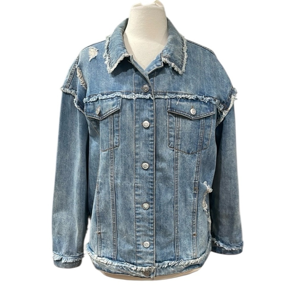 Fantastic Fawn Oversized Distressed Trucker Jean Jacket SZ M Denim Blue